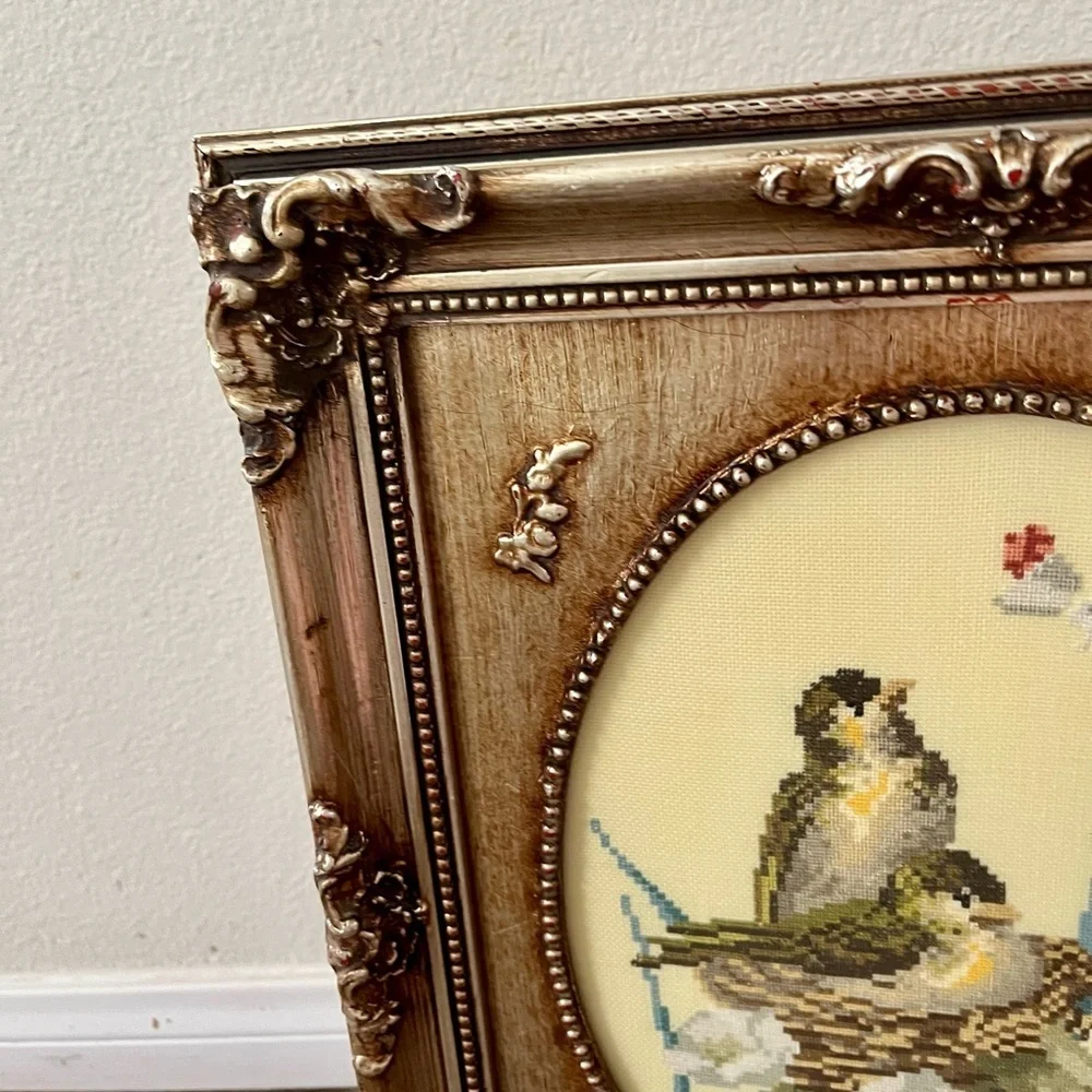 1977 Elegant Gold Framed Bird Embroidery Art 14/18 inch